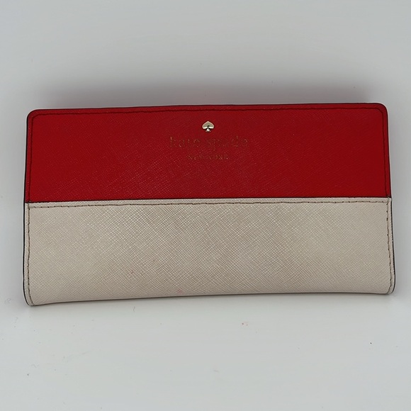 Kate Spade Safiano Leather Slim Clutch Bifold Color Block Wallet Red Cream - Picture 2 of 7